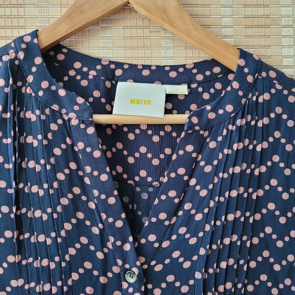 ANTHROLOGIE MAEVE Navy Blouse Button Pink Dots - Picture 5 of 5